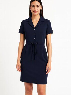 En Focus Studio Navy Shirt Dress Size 14 Short Sleeve Faux Tie Waist